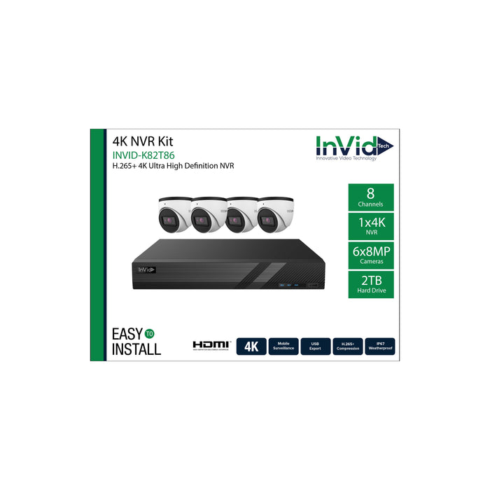 INVID-K82T86: 8 Channel NVR with 2 TB + (6) 8-Megapixel Cameras