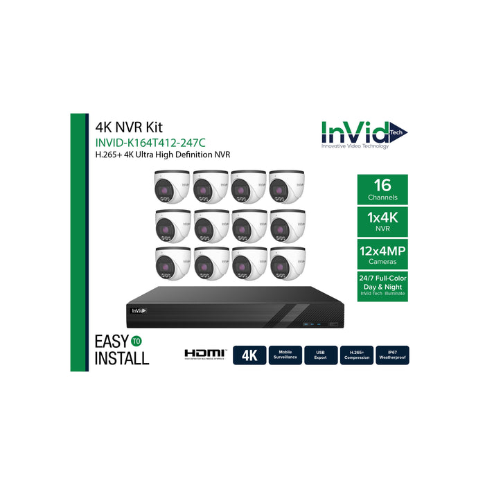 INVID-K164T412-247C: (1) 16 Channel NVR + (12) 4-Megapixel Cameras