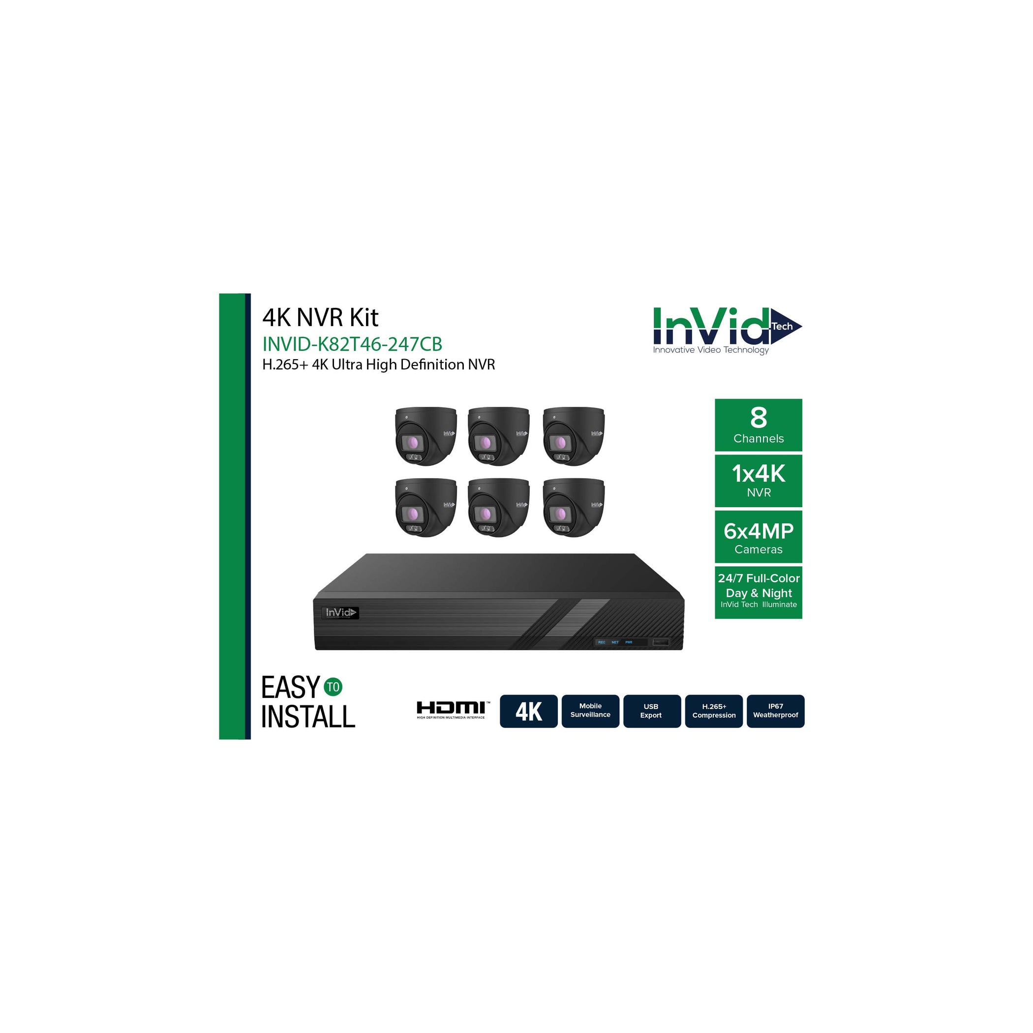 INVID-K82T46-247CB: (1) 8 Channel NVR + (6) 4-Megapixel Cameras — Invidtech