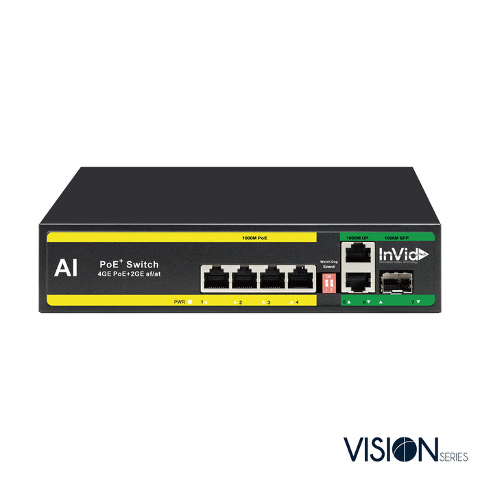 Black 4 Port PoE Switch, Model VIS-POE4-1FG, Vision Series. 