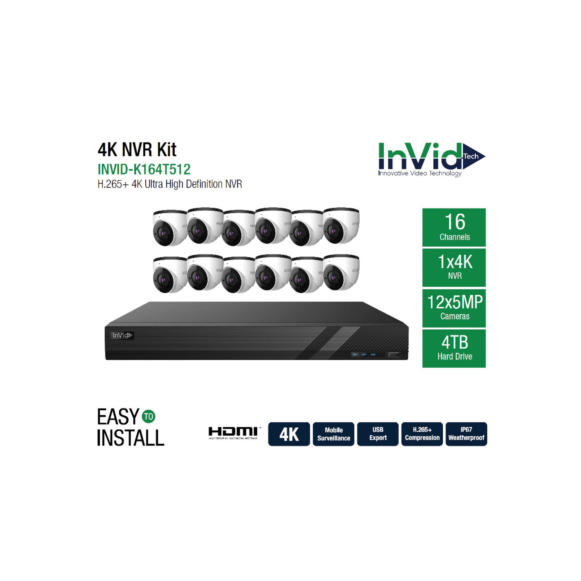 INVIDK164T512 16 Channel NVR with 4 TB +(12) 5Megapixel Cameras