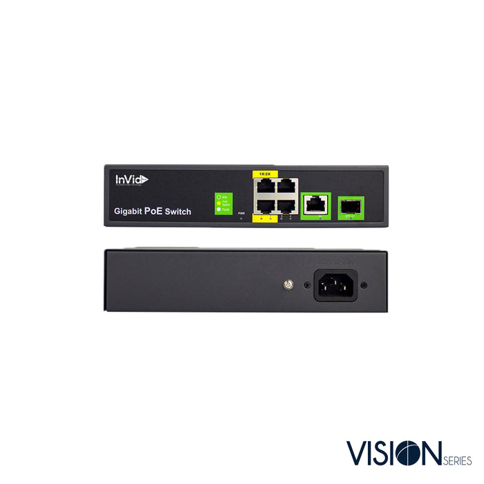 Black 4 Port PoE Switch, Model VIS-POE4-1FG, Vision Series. 